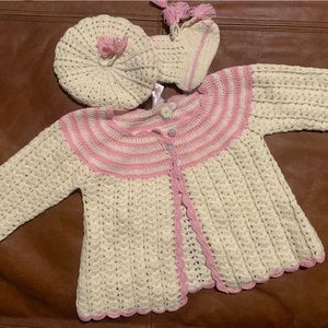 VINTAGE BABY APRIL CORNELL brand new Baby crochet sweater with beret and socks